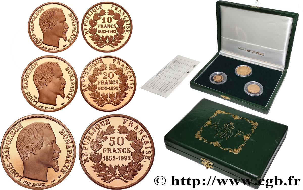 Coffret des trois monnaies Belle Épreuve Or 10, 20 et 50 francs “Napoléon” 1992  F5.  FDC 