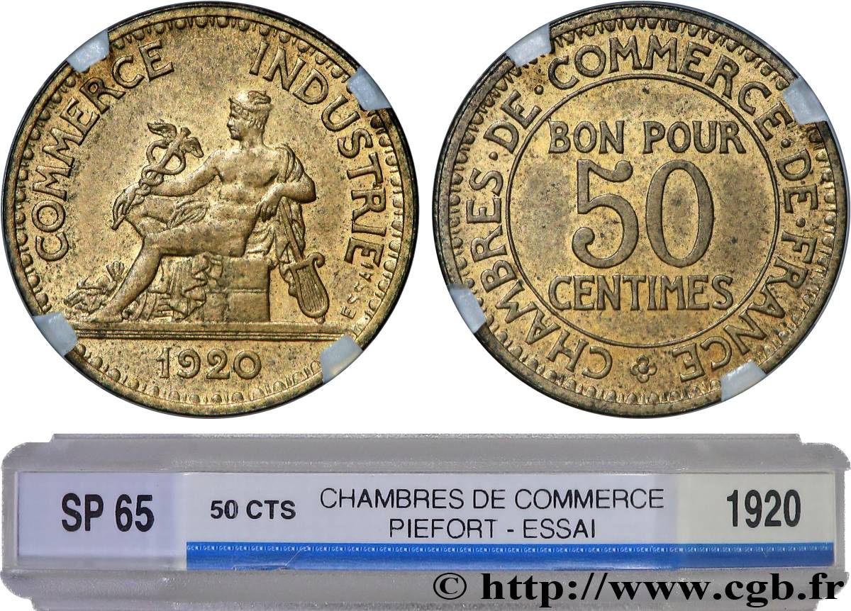 Essai-piéfort de 50 centimes Chambres de commerce 1920 Paris GEM.82 EP MS65 GENI