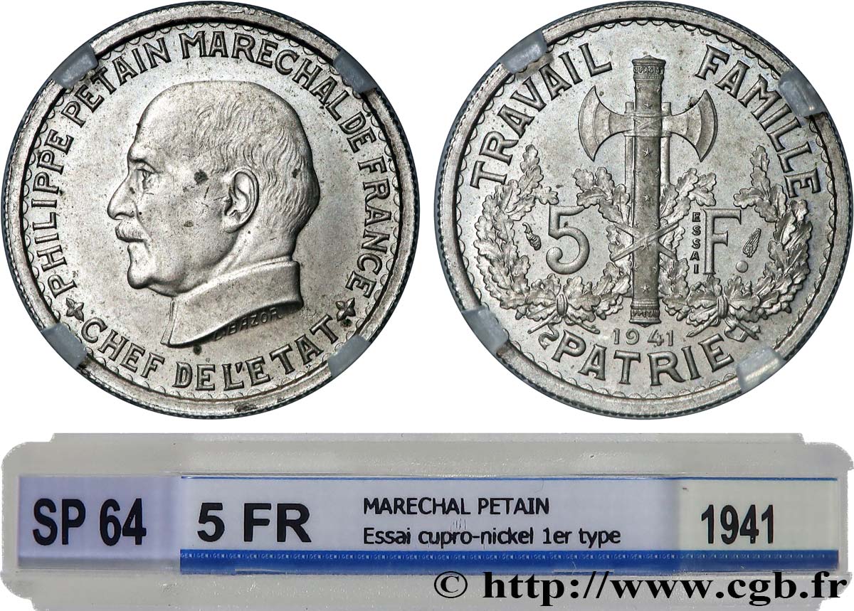 Essai de 5 francs Pétain en cupro-nickel, 1er projet de Bazor 1941 Paris GEM. 142 16 MS64 GENI