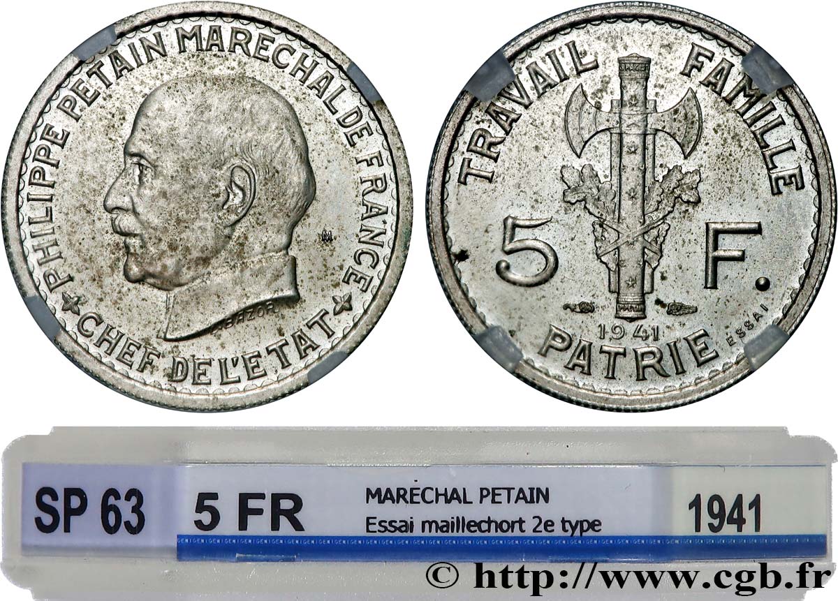 Essai de 5 francs Pétain en maillechort, 2e projet de Bazor 1941 Paris GEM.142 37 SPL63 GENI