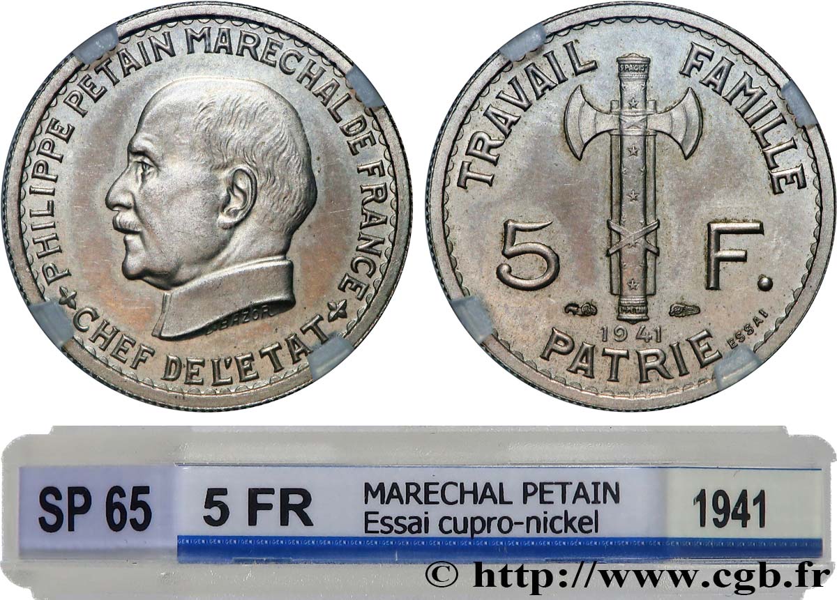 Essai de 5 francs Pétain en cupro-nickel, 3e projet de Bazor 1941 Paris GEM.142 63 FDC65 GENI