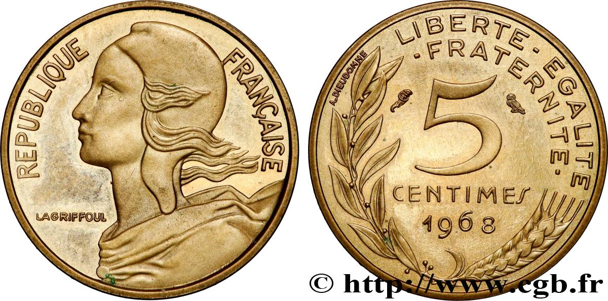 Piéfort Br-Al de 5 centimes Marianne 1968 Paris GEM.22 P1 MS 