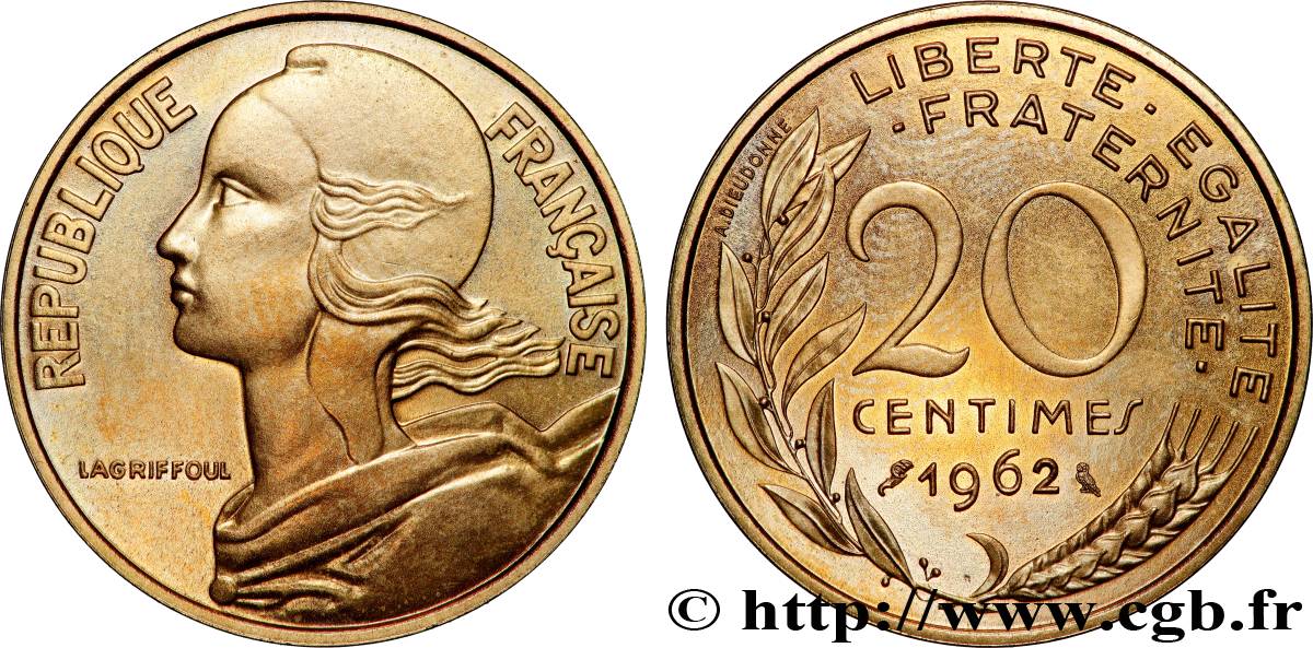 Piéfort Br-Al de 20 centimes Marianne 1962 Paris GEM.56 P1 MS65 