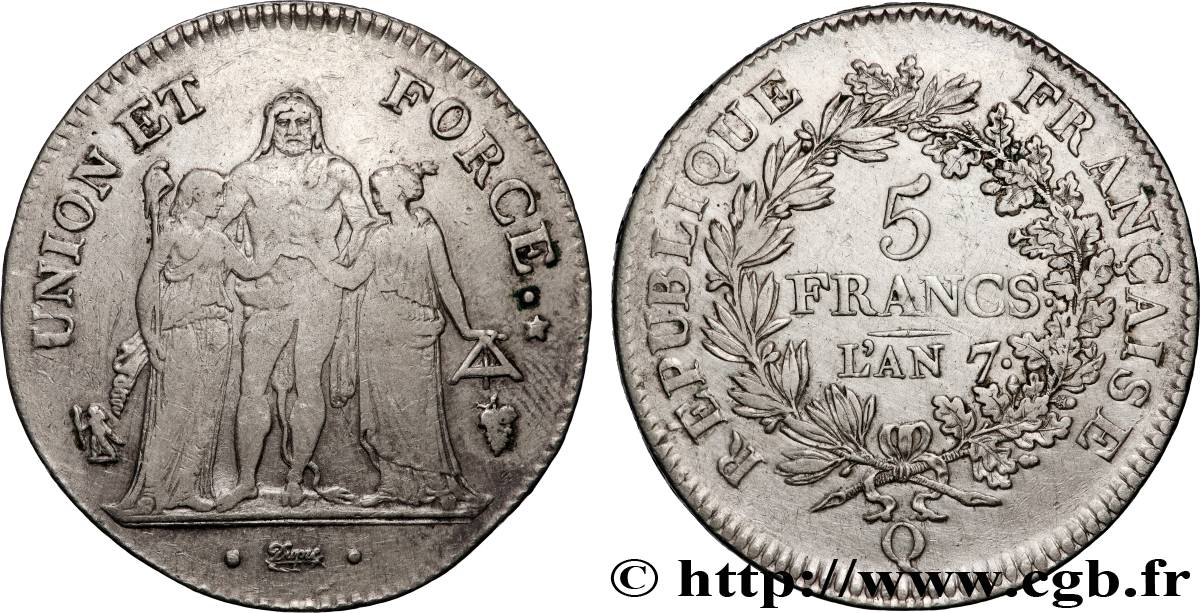 5 francs Union et Force, Union serré, avec glands intérieurs et gland extérieur 1799 Perpignan F.288/120 TB+ 