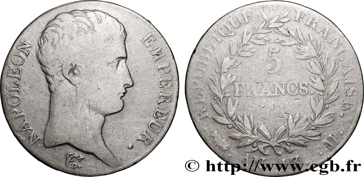 5 francs Napoléon Empereur, Calendrier révolutionnaire 1805 Toulouse F.303/13 TB 