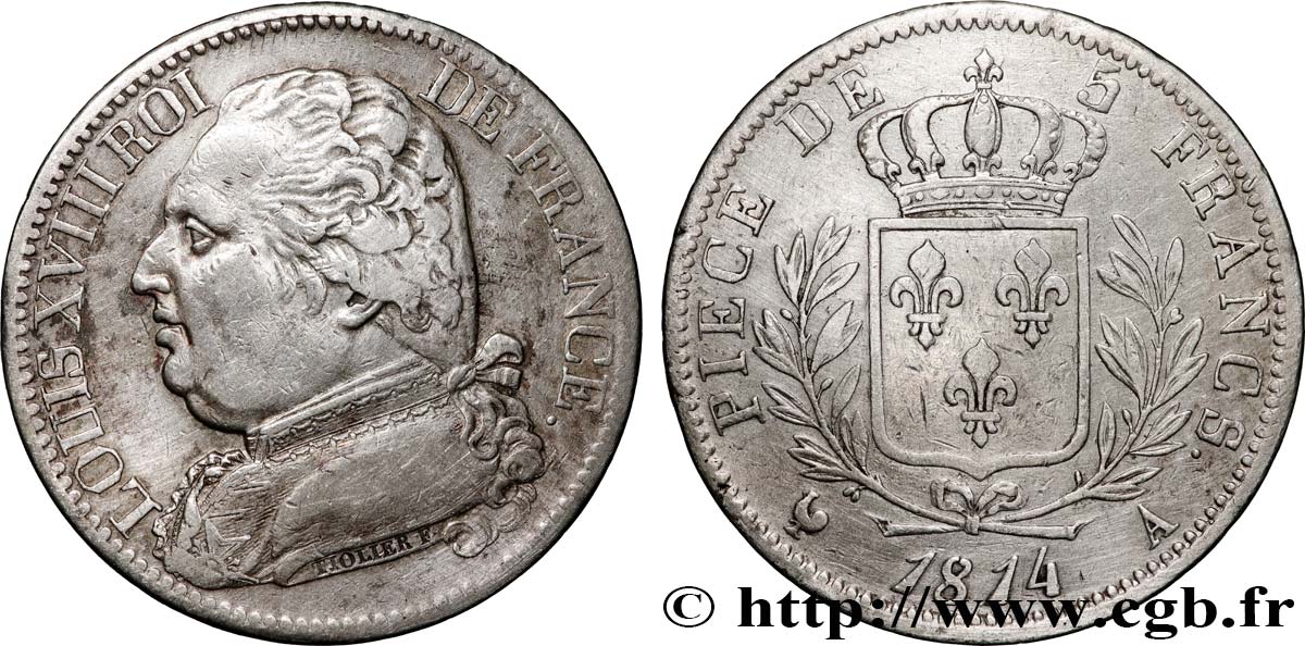 5 francs Louis XVIII, buste habillé 1814 Paris F.308/1 TB+ 