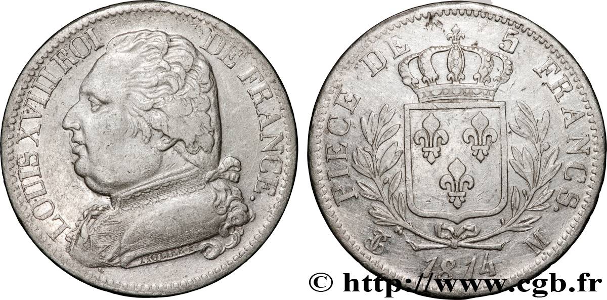 5 francs Louis XVIII, buste habillé 1814 Toulouse F.308/9 XF 