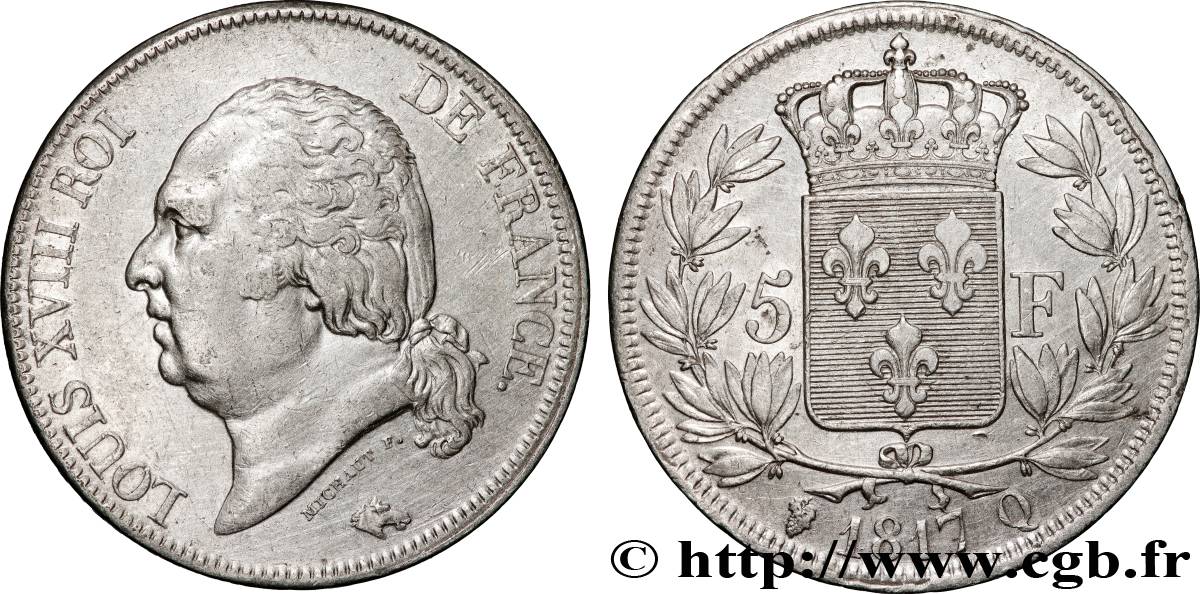 5 francs Louis XVIII, tête nue 1817 Perpignan F.309/25 XF 