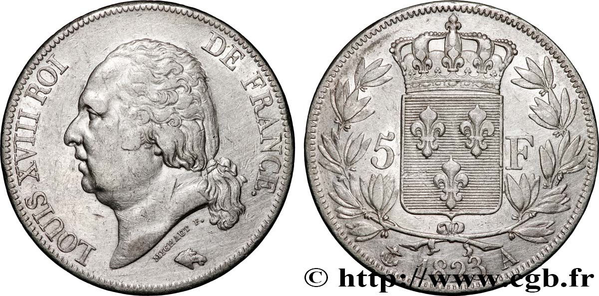 5 francs Louis XVIII, tête nue 1823 Paris F.309/76 TTB 