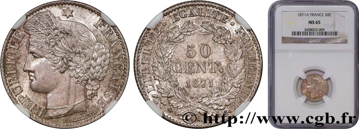 50 centimes Cérès, Troisième République 1871 Paris F.189/1 FDC65 NGC