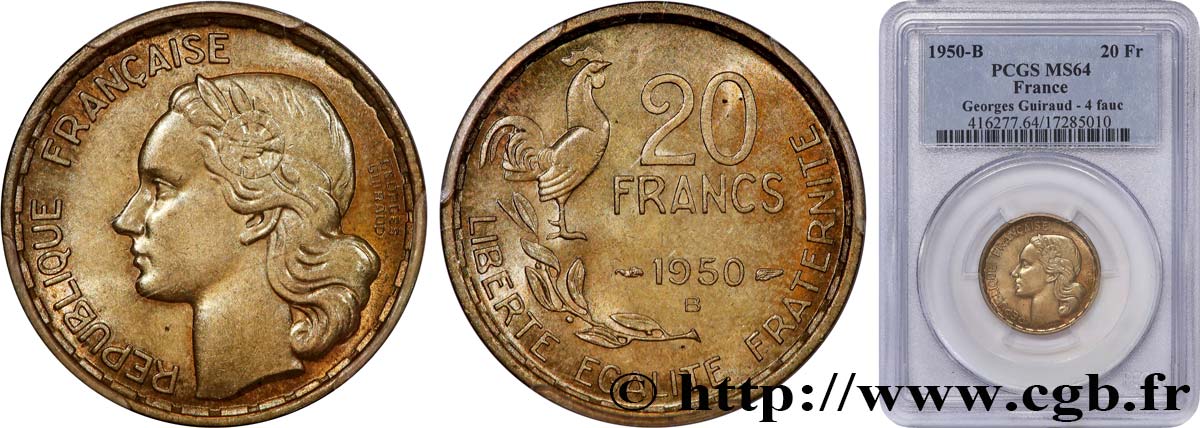 20 francs Georges Guiraud, 4 faucilles 1950 Beaumont-Le-Roger F.401/3 MS64 PCGS