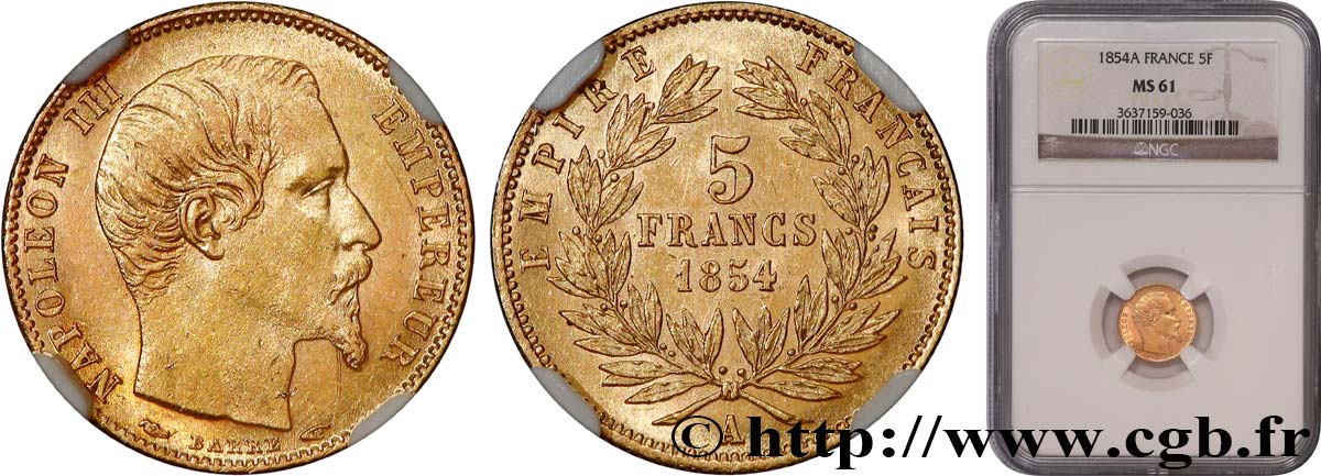 5 francs or Napoléon III, tête nue, petit module, tranche cannelée 1854 Paris F.500A/1 MS61 NGC