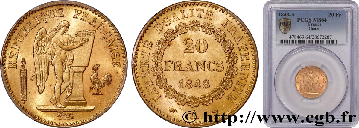 20 francs or Génie, IIe République 1848 Paris F.528/1 MS64 PCGS