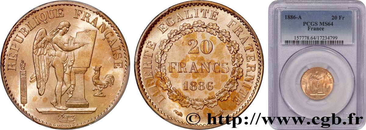 20 francs or Génie, IIIe République 1886 Paris F.533/9 SPL64 PCGS