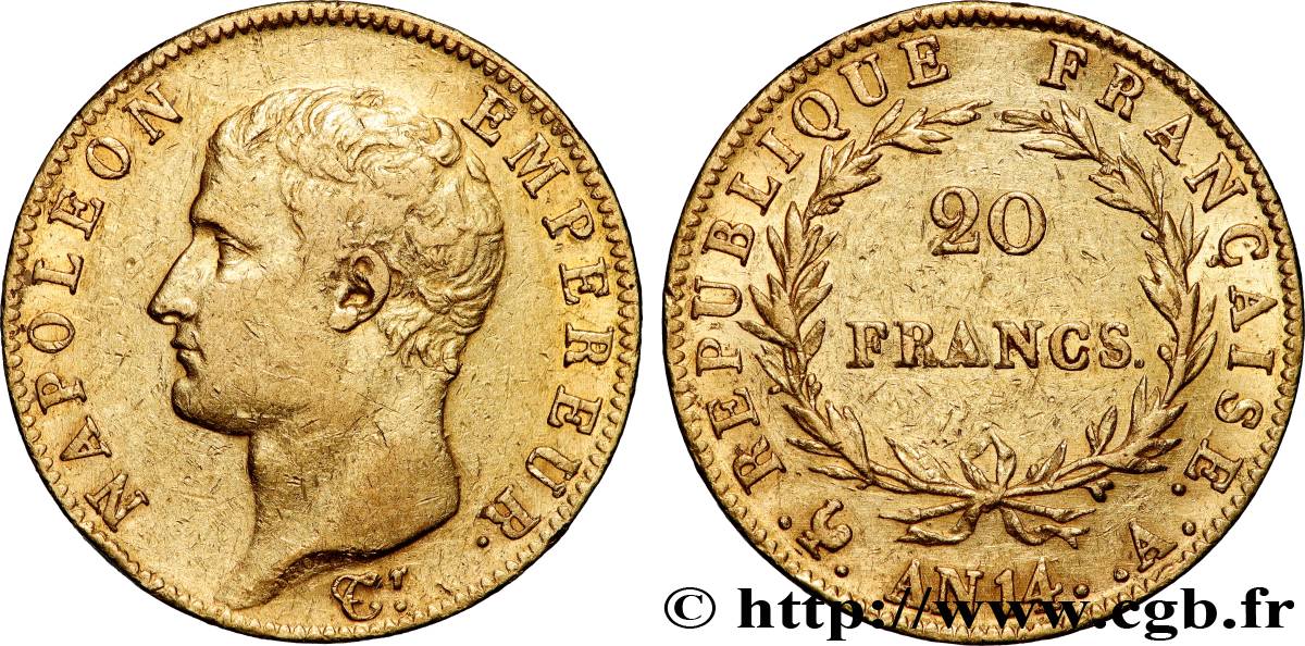 20 francs or Napoléon tête nue, Calendrier révolutionnaire 1805 Paris F.512/5 AU 
