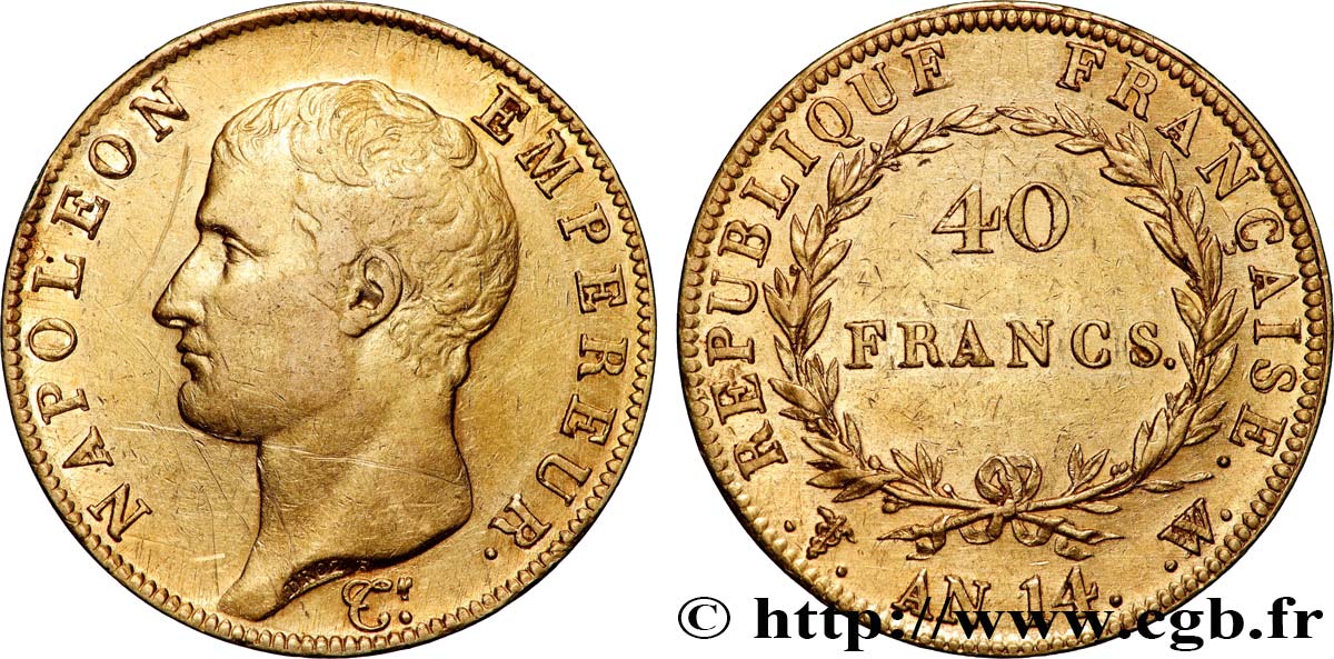 40 francs or Napoléon tête nue, Calendrier révolutionnaire 1805 Lille F.537/4 XF 