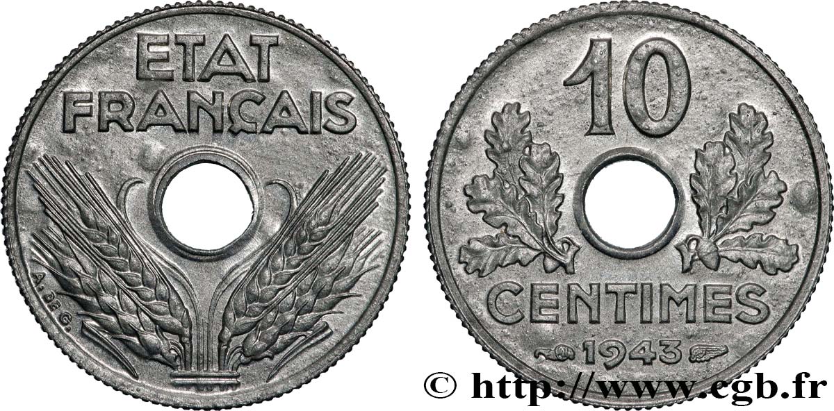 10 centimes État français, petit module 1943  F.142/2 MS64 