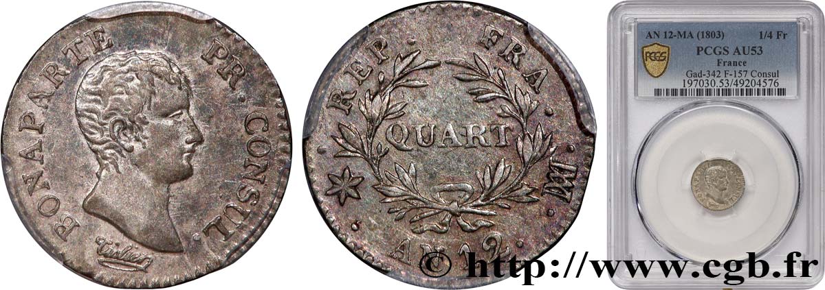 Quart (de franc) Bonaparte Premier Consul 1804 Marseille F.157/7 AU53 PCGS