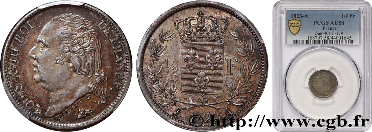 1/2 franc Louis XVIII 1823 Paris F.179/34 AU58 PCGS