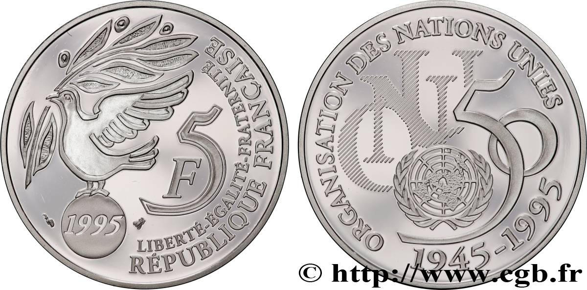Belle Épreuve 5 francs Cinquantenaire de l’ONU 1995 Paris F5.1203 2 FDC 
