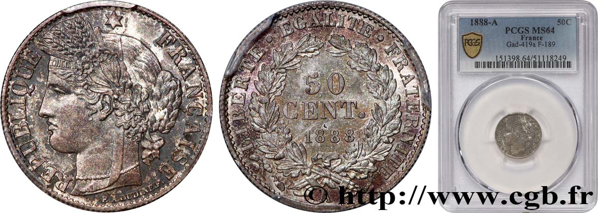 50 centimes Cérès, Troisième République 1888 Paris F.189/13 MS64 PCGS