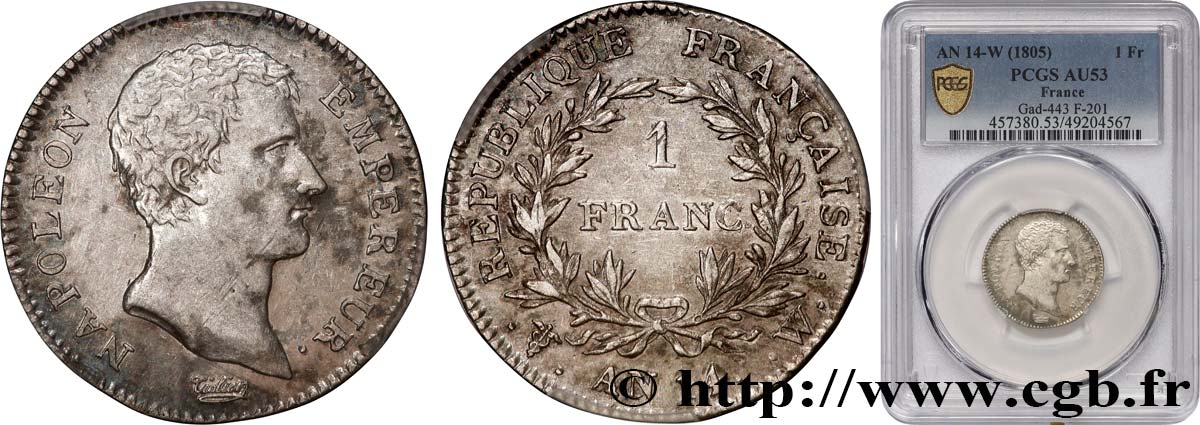 1 franc Napoléon Empereur, Calendrier révolutionnaire 1805 Lille F.201/39 TTB53 PCGS