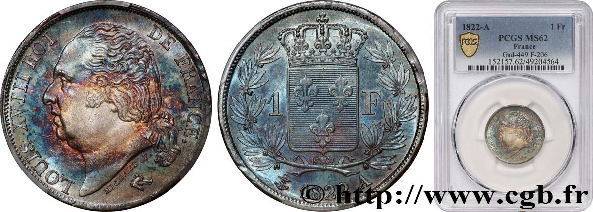 1 franc Louis XVIII 1822 Paris F.206/40 SUP62 PCGS