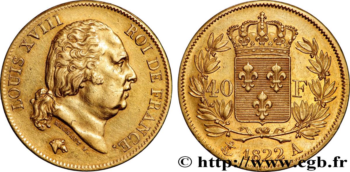 40 francs or Louis XVIII 1822 Paris F.542/11 AU 