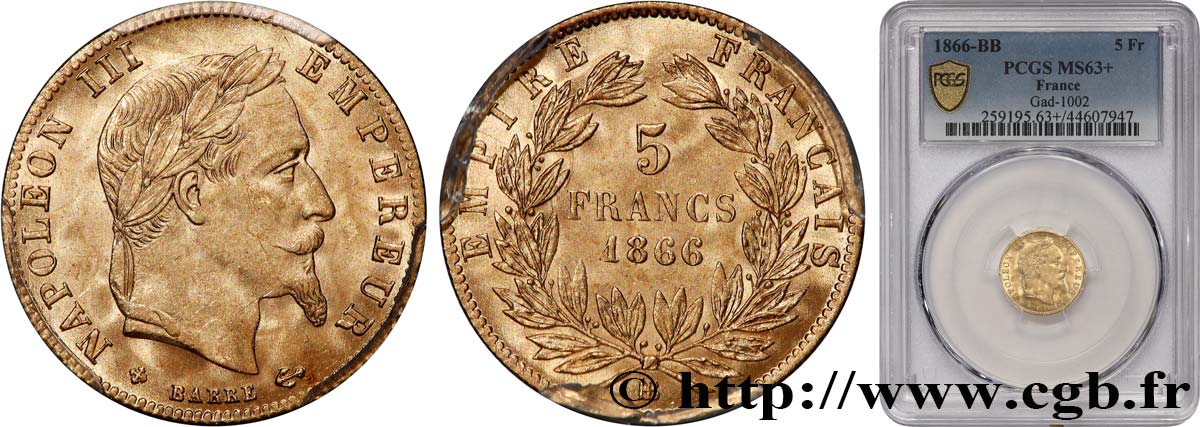 5 francs or Napoléon III, tête laurée 1866 Strasbourg F.502/10 SPL63 PCGS