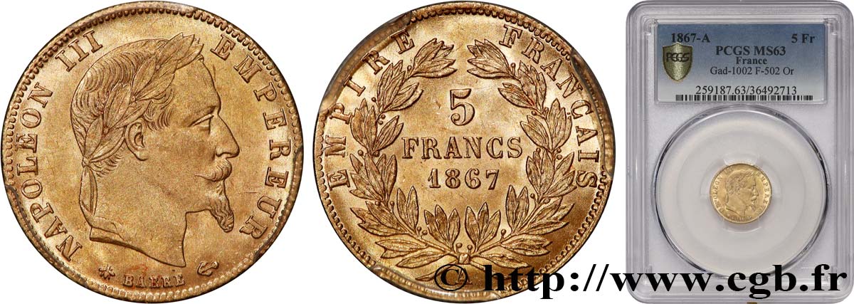 5 francs or Napoléon III, tête laurée 1867 Paris F.502/11 MS63 PCGS