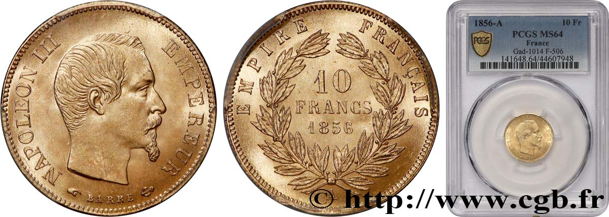 10 francs or Napoléon III, tête nue 1856 Paris F.506/3 MS64 PCGS