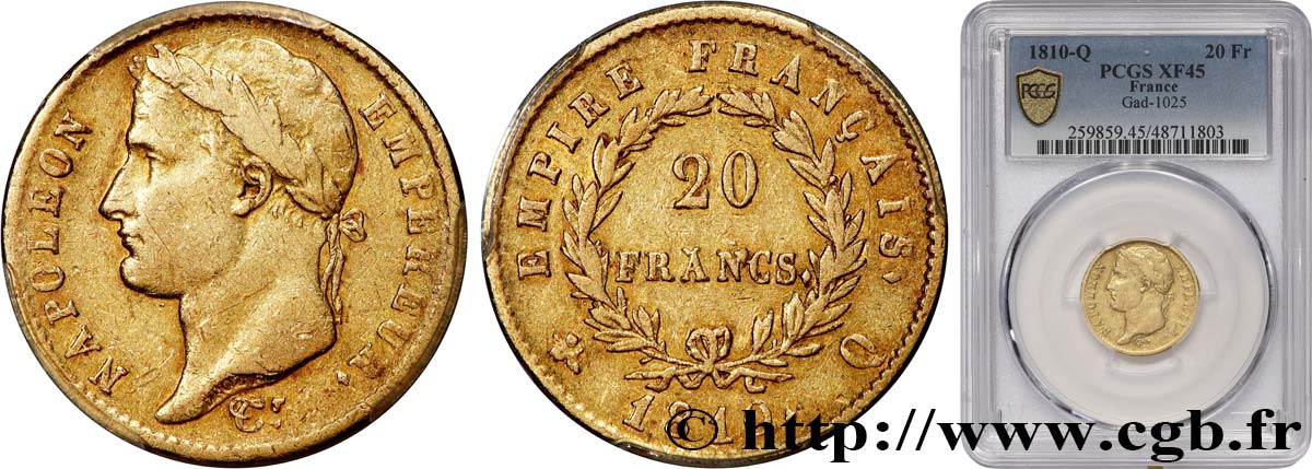 20 francs or Napoléon, tête laurée, Empire français 1810 Perpignan F.516/13 XF45 PCGS