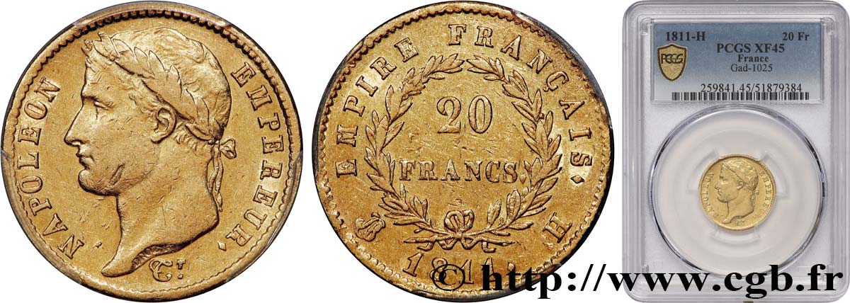 20 francs or Napoléon, tête laurée, Empire français 1811 La Rochelle F.516/17 XF45 PCGS