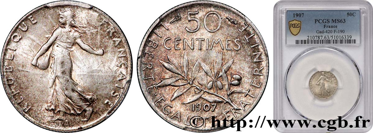 50 centimes Semeuse 1907 Paris F.190/14 SPL63 PCGS