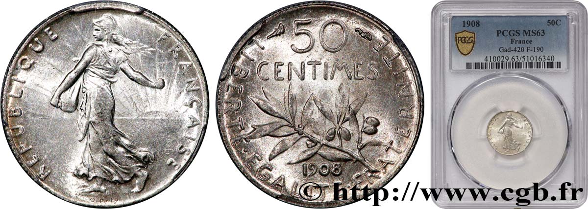50 centimes Semeuse 1908 Paris F.190/15 MS63 PCGS