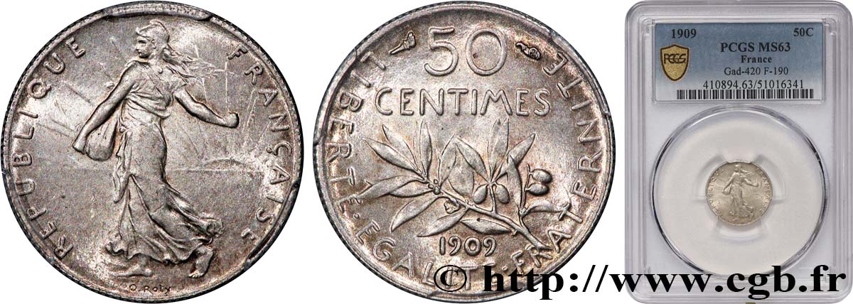 50 centimes Semeuse 1909  F.190/16 MS63 PCGS