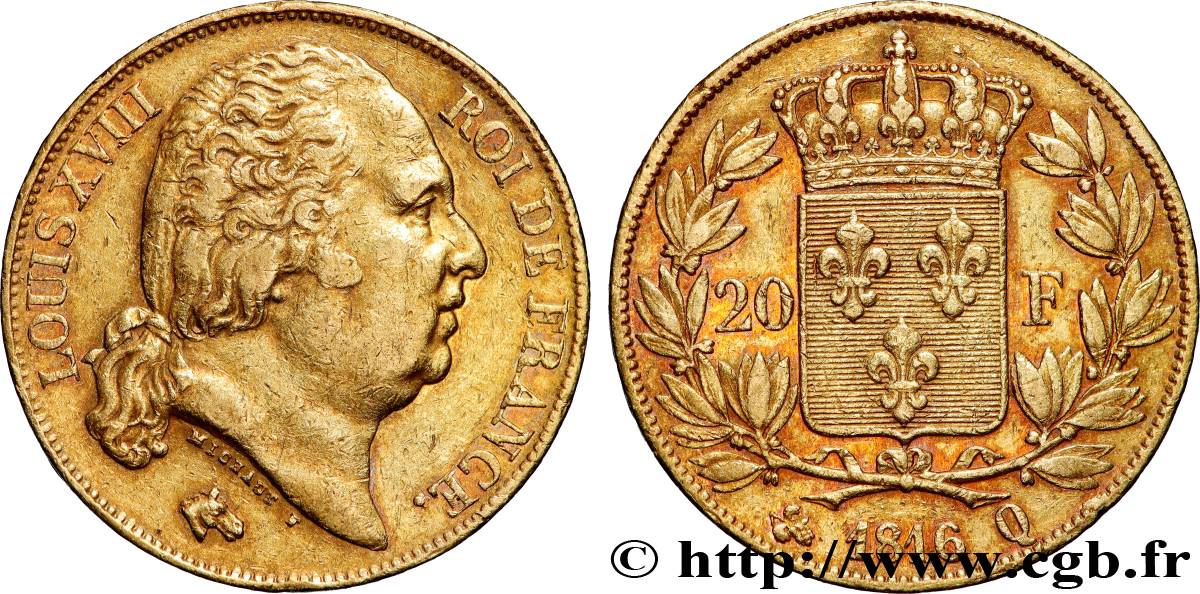 20 francs or Louis XVIII, tête nue 1816 Perpignan F.519/3 SS 