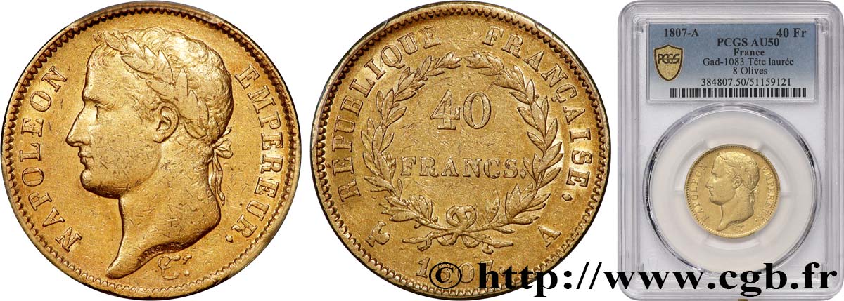 40 francs Napoléon Ier tête laurée, République française 1807 Paris F.540/1 AU50 PCGS