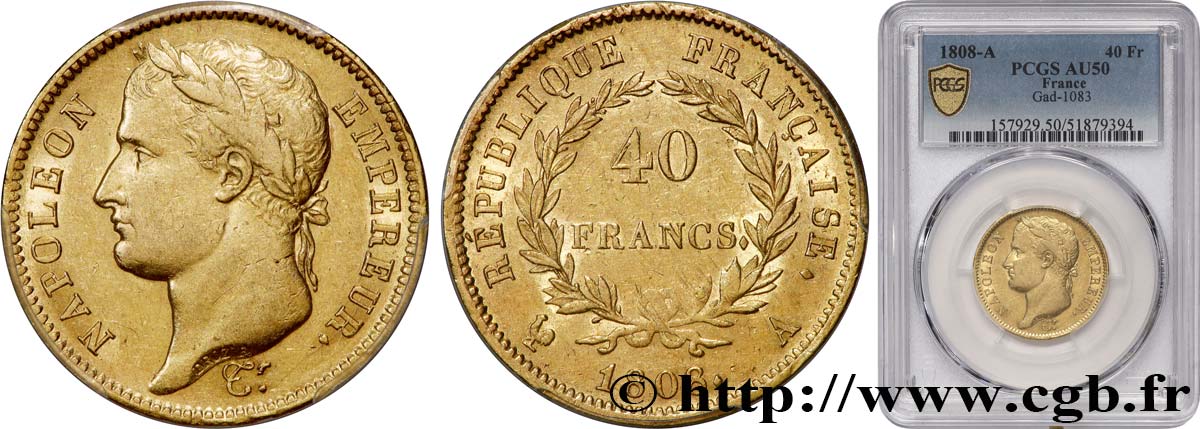40 francs Napoléon Ier tête laurée, République française 1808 Paris F.540/2 AU50 PCGS