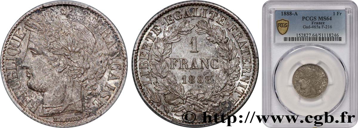 1 franc Cérès, IIIe République 1888 Paris F.216/10 fST64 PCGS