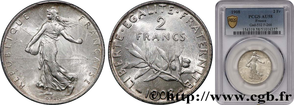 2 francs Semeuse 1908 Paris F.266/10 AU58 PCGS