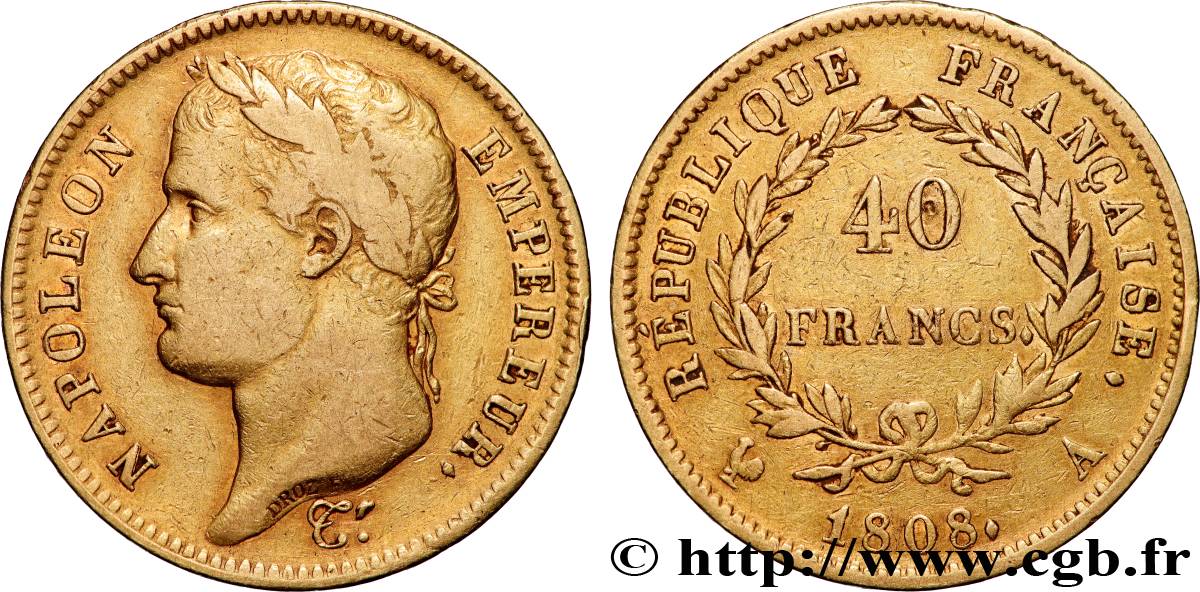 40 francs Napoléon Ier tête laurée, République française 1808 Paris F.540/2 VF 