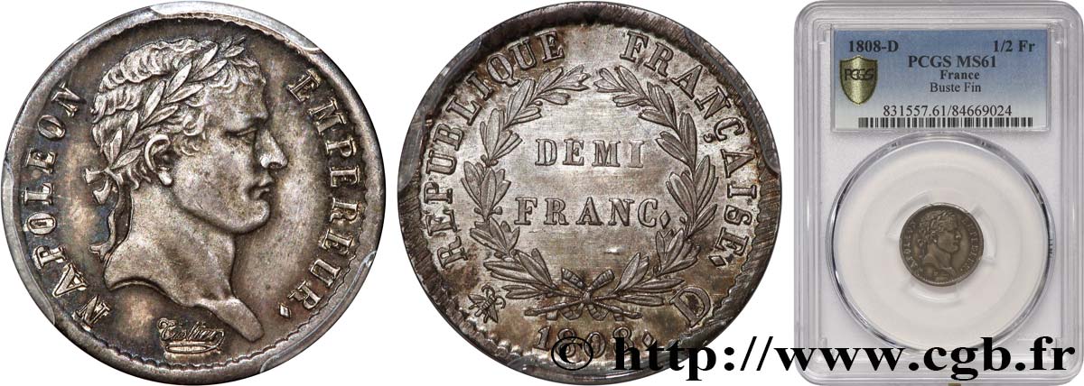Demi-franc Napoléon Ier tête laurée, République française 1808 Lyon F.177/5 MS61 PCGS