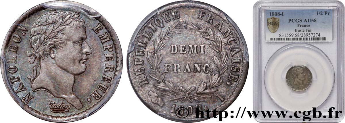 Demi-franc Napoléon Ier tête laurée, République française 1808 Limoges F.177/8 SUP58 PCGS