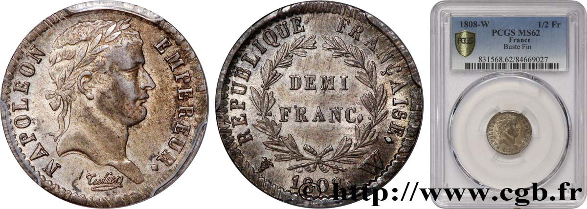 Demi-franc Napoléon Ier tête laurée, République française 1808 Lille F.177/16 SUP62 PCGS