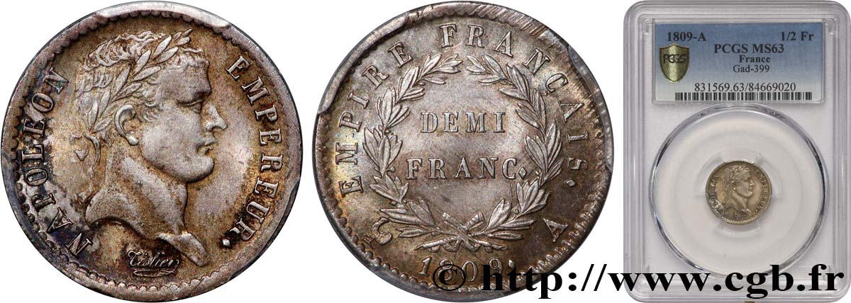 Demi-franc Napoléon Ier tête laurée, Empire français 1809 Paris F.178/1 SPL63 PCGS