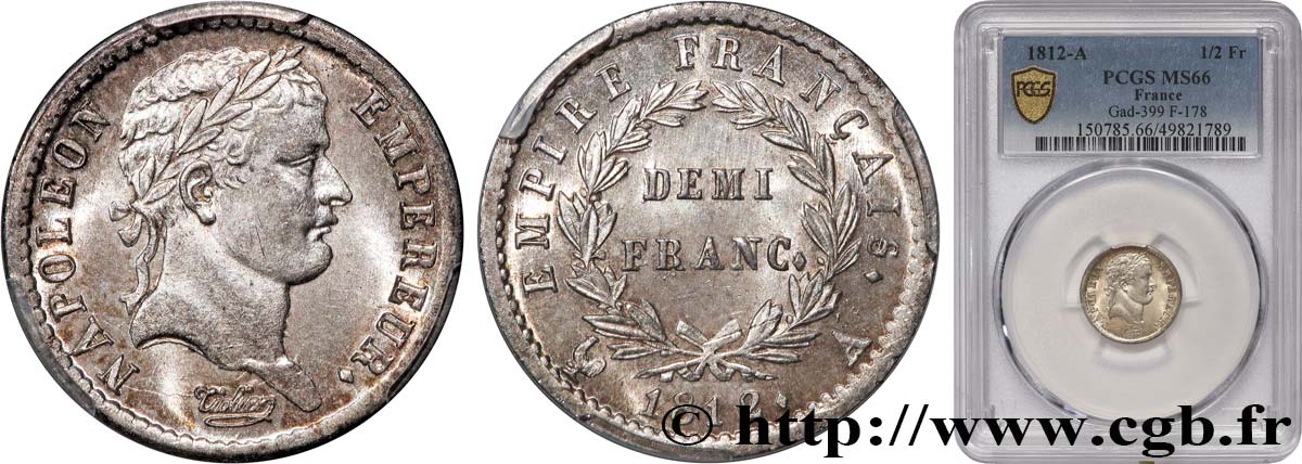Demi-franc Napoléon Ier tête laurée, Empire français 1812 Paris F.178/35 MS66 PCGS