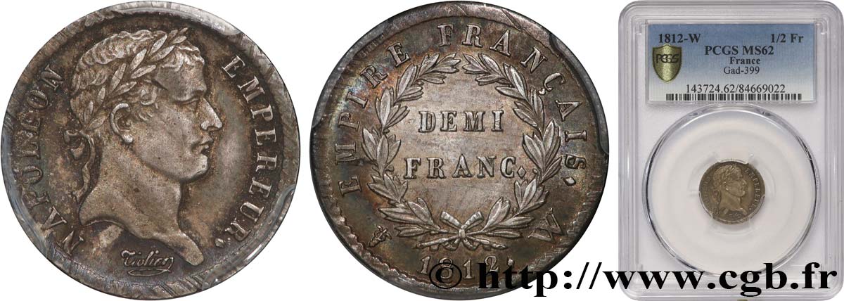 Demi-franc Napoléon Ier tête laurée, Empire français 1812 Lille F.178/48 MS62 PCGS