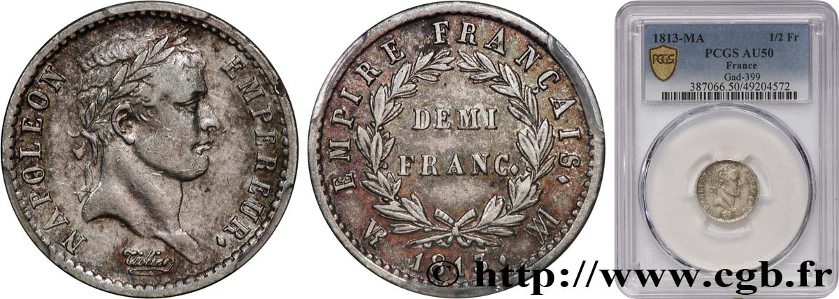 Demi-franc Napoléon Ier tête laurée, Empire français 1813 Marseille F.178/58 TTB50 PCGS
