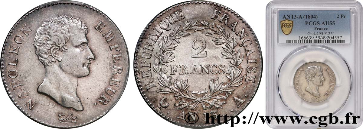 2 francs Napoléon Empereur, Calendrier révolutionnaire 1805 Paris F.251/12 VZ55 PCGS